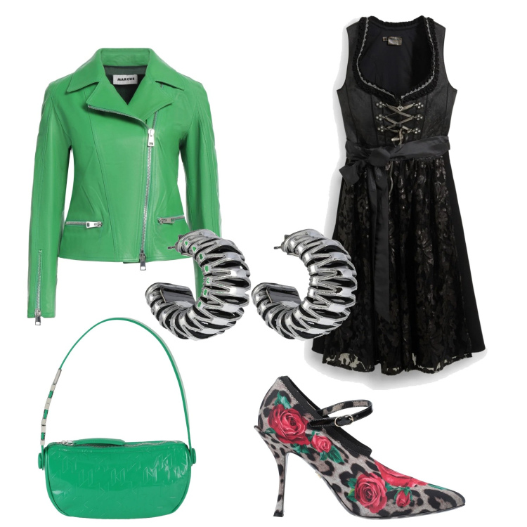 Outfit donna - serata rock. Stile Rock per Serata fuori. Abbinamento con décolleté, borse a mano, blazer, vestiti, orecchini.