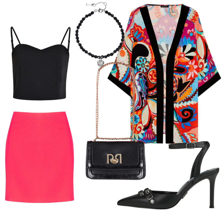 Outfit donna - Total look #2049292. Stile Trendy per Serata fuori. Abbinamento con décolleté, braccialetti, minigonne, top, borse a tracolla, kimono.