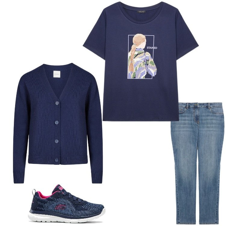Outfit donna - Stasera cucino io. Stile Basic per Tutti i giorni. Abbinamento con sneakers, cardigans, jeans skinny, t-shirt.