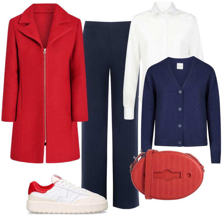 Outfit donna - Il cappottino rosso in ufficio. Stile Casual chic per Ufficio. Abbinamento con borse a tracolla, cappotti, pantaloni, cardigans, sneakers, camicie.