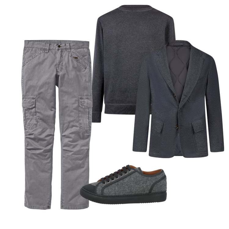 Outfit uomo - Total look. Stile Casual per Tutti i giorni. Abbinamento con pantaloni cargo, sneakers, giacche, maglieria.