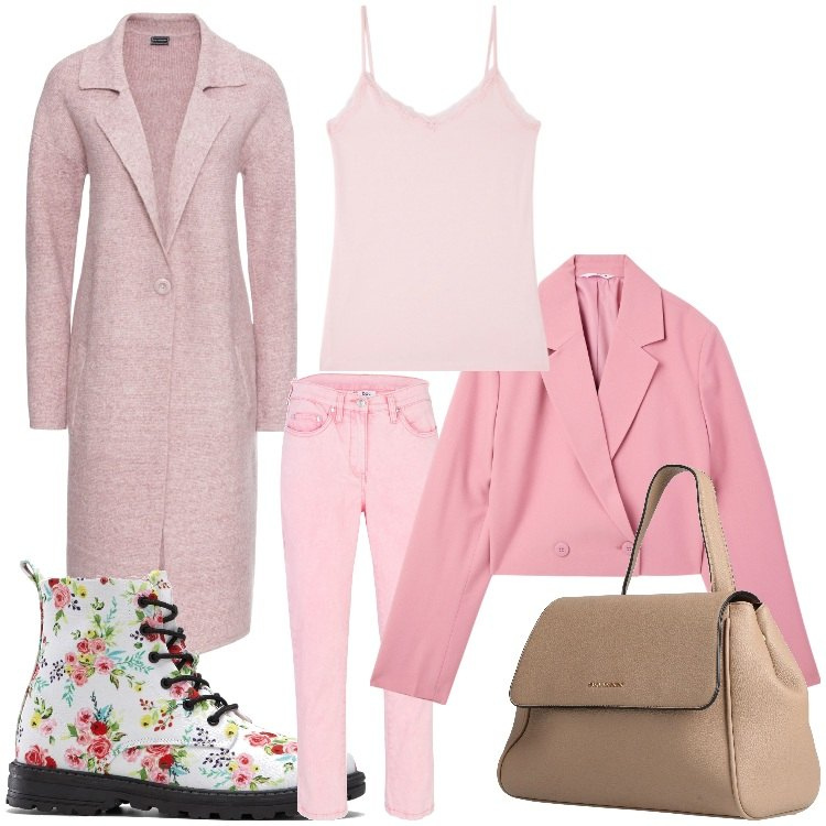 Outfit donna - Fiori rosa. Stile Casual chic per Tutti i giorni. Abbinamento con pantaloni, cappotti, stivaletti, zaini, blazer, canottiere.