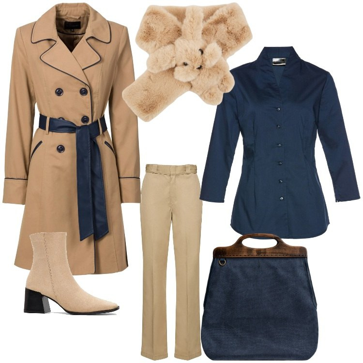 Outfit donna - Sabbia e blu. Stile Casual chic per Serata fuori. Abbinamento con camicie, trench, stivaletti, sciarpe, borse a tracolla, pantaloni.