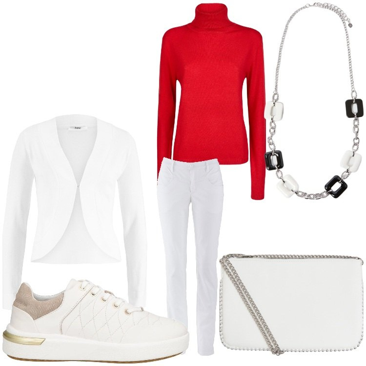 Outfit donna - Panna e fragole. Stile Sporty chic per Tutti i giorni. Abbinamento con pantaloni, blazer, sneakers, borse a tracolla, maglieria, collane.