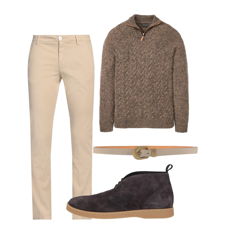 Outfit uomo - Total look. Stile Casual per Tutti i giorni. Abbinamento con maglieria, pantaloni chino, stivali e stivaletti, cinture.