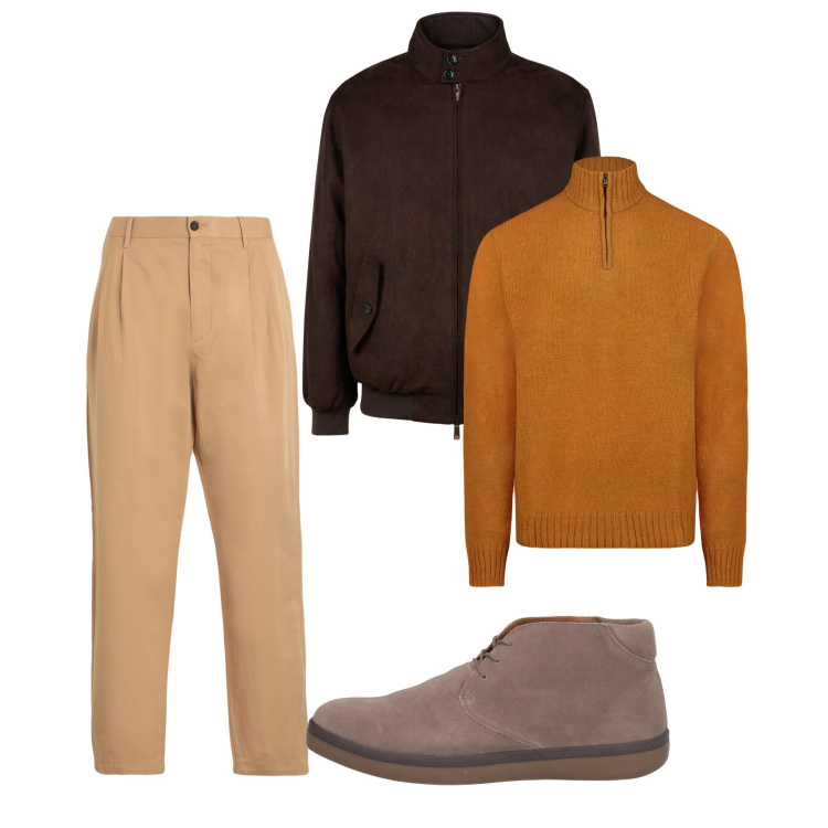 Outfit uomo - Total look. Stile Casual per Tutti i giorni. Abbinamento con stivali e stivaletti, pantaloni chino, maglieria, giacche.