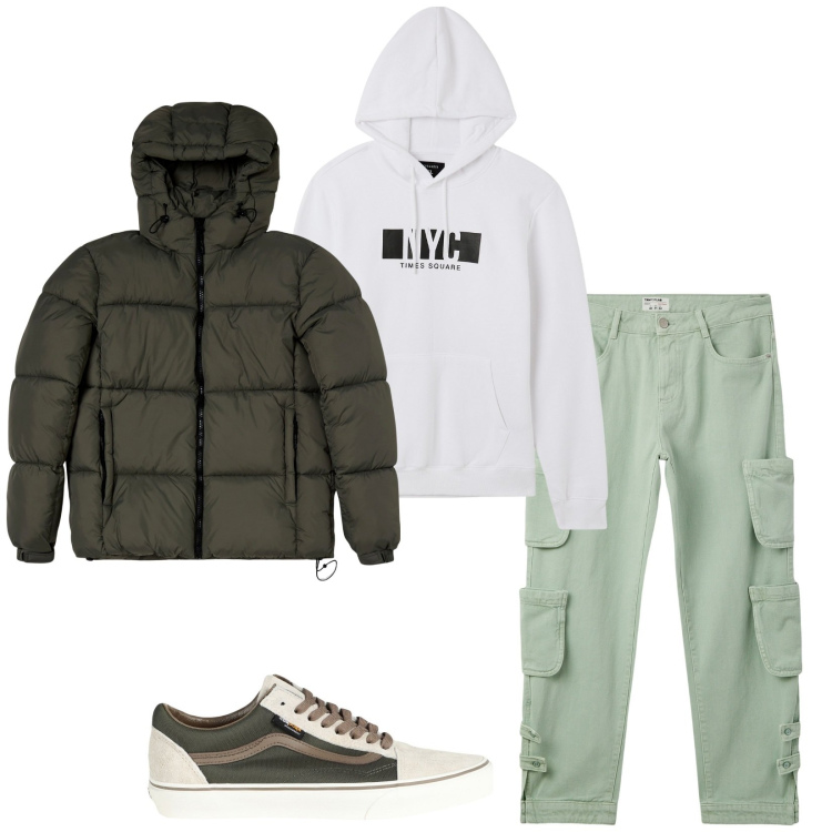 Outfit uomo - Total look #2049319. Stile Casual per Tutti i giorni. Abbinamento con sneakers, jeans, felpe con cappuccio, piumini.
