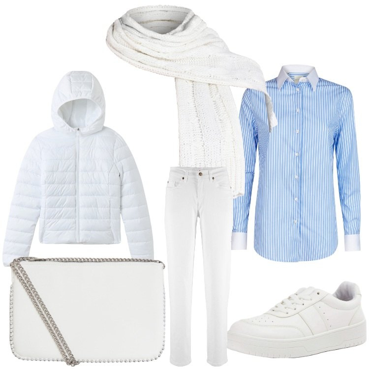 Outfit donna - Aspettando la neve. Stile Sporty chic per Tutti i giorni. Abbinamento con jeans mom, blazer, sneakers, borse a tracolla, sciarpe, camicie.