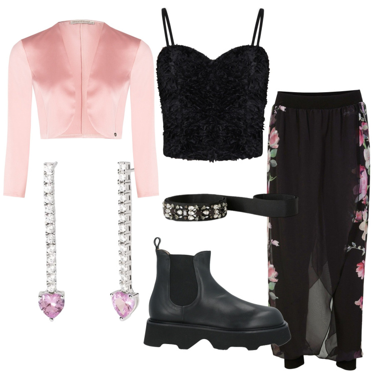 Outfit donna - Fiori dark. Stile Romantica per Serata fuori. Abbinamento con pantaloni, stivaletti, orecchini, bolero, top, cinture.
