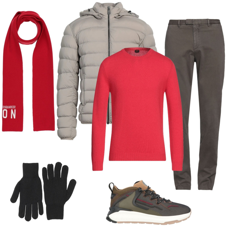 Outfit uomo - Red. Stile Casual per Tutti i giorni. Abbinamento con sneakers, pantaloni chino, piumini, sciarpe, pullovers, guanti.