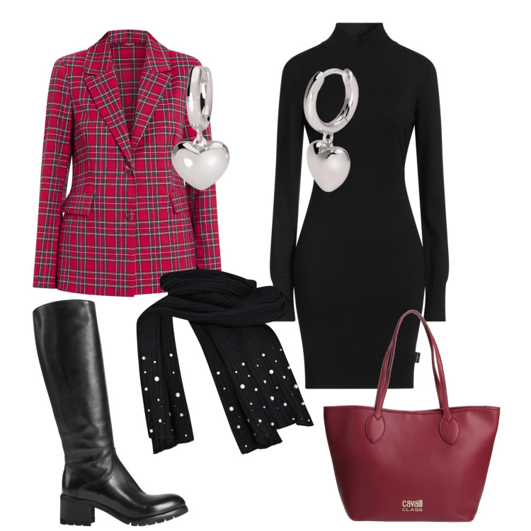 Outfit donna - scozzese in inverno. Stile Casual per Tutti i giorni. Abbinamento con stivali, vestiti corti, borse a spalla, orecchini, sciarpe, blazer.