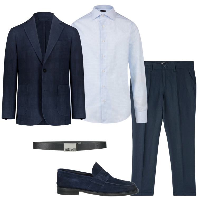 Outfit uomo - Affari in blu. Stile Business/Elegante per Ufficio. Abbinamento con scarpe stringate, cinture, pantaloni chino, giacche, camicie.