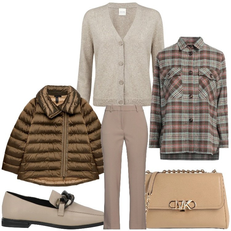 Outfit donna - Quadretti in ufficio. Stile Casual chic per Ufficio. Abbinamento con pantaloni, borse a tracolla, camicie, mocassini, cardigans, piumini.