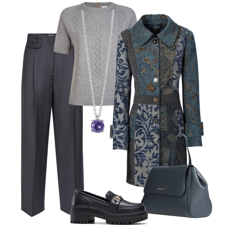 Outfit donna - Il cappotto “barocco” H24. Stile Trendy per Tutti i giorni. Abbinamento con cappotti, mocassini, zaini, collane, maglieria, pantaloni.