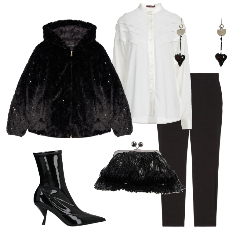 Outfit donna - Serata fuori. Stile Chic per Serata fuori. Abbinamento con camicie, stivaletti, orecchini, blazer, jeggings, pochette.