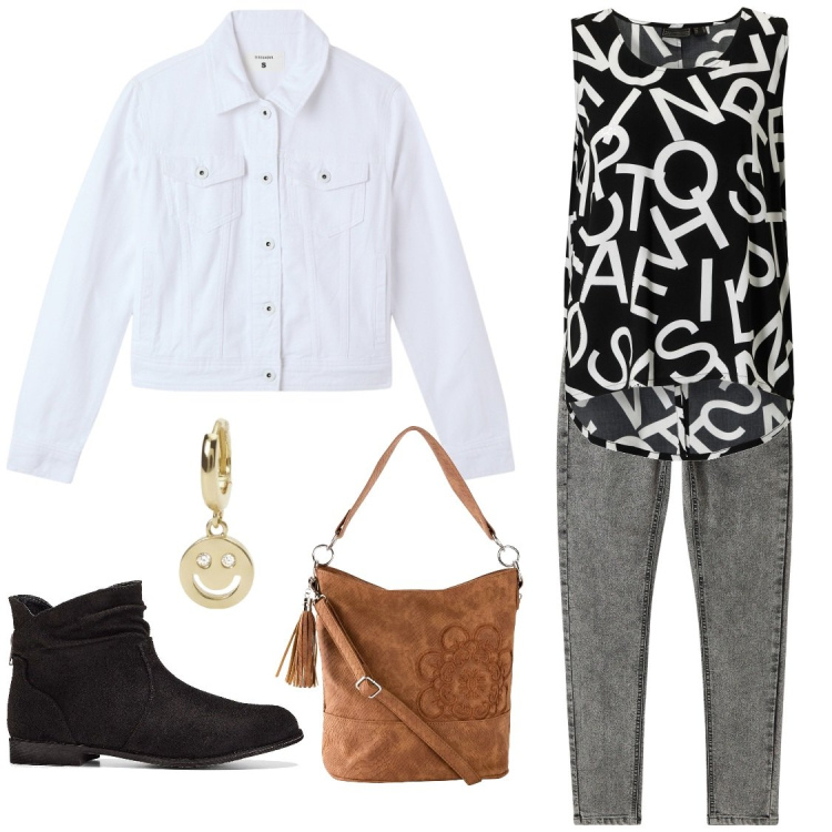 Outfit donna - Camicia a lettere. Stile Casual per Tutti i giorni. Abbinamento con borse a mano, top, stivaletti, jeggings, blazer, orecchini.