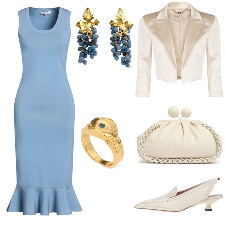 Outfit donna - Cerimonia in primavera. Stile Bon Ton per Cerimonia. Abbinamento con vestiti midi/longuette, décolleté, bolero, orecchini, pochette, anelli.