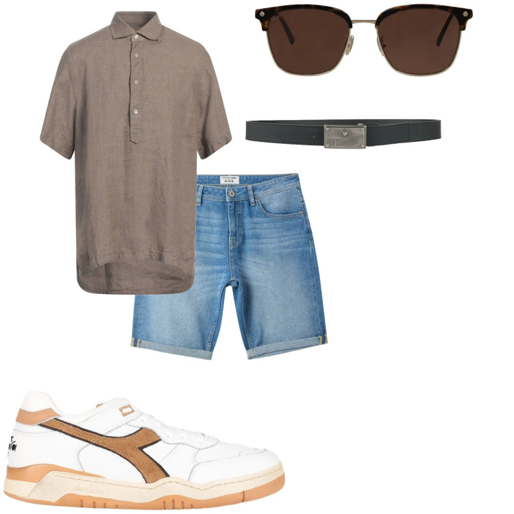 Outfit uomo - Una giornata estiva. Stile Casual per Tutti i giorni. Abbinamento con sneakers, cinture, occhiali da sole, camicie a manica corta, bermuda.