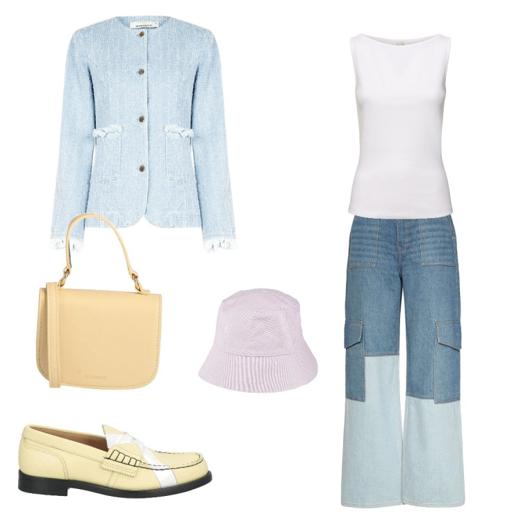 Outfit donna - Completo per maggio. Stile Casual chic per Tutti i giorni. Abbinamento con cappelli, mocassini, borse a mano, blazer, jeans, canottiere.