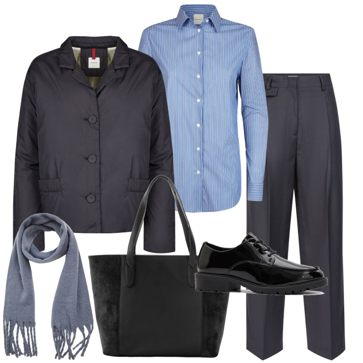 Outfit donna - La consulente. Stile Urban per Ufficio. Abbinamento con shopping bag, scarpe stringate, sciarpe, blazer, camicie, pantaloni.