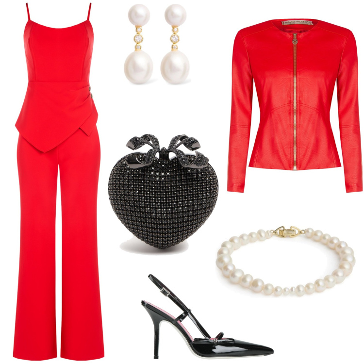 Outfit donna - Una serata speciale: San Valentino. Stile Chic per Serata fuori. Abbinamento con décolleté, tute, blazer, pochette, braccialetti, orecchini.