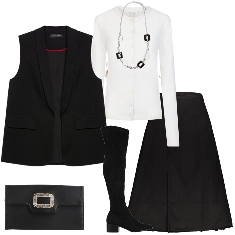 Outfit donna - Black and White. Stile Casual chic per Serata fuori. Abbinamento con stivali, borse a mano, gonne lunghe, cardigans, blazer, collane.