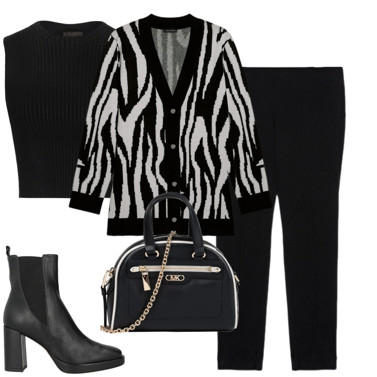 Outfit donna - Il cardigan fantasia. Stile Urban per Tutti i giorni. Abbinamento con borse a mano, top, stivaletti chelsea, pantaloni skinny, cardigans.