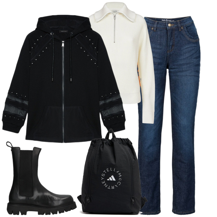 Outfit donna - City. Stile Urban per Scuola/Università. Abbinamento con jeans dritti, stivaletti, maglieria, felpe con cappuccio, zaini.