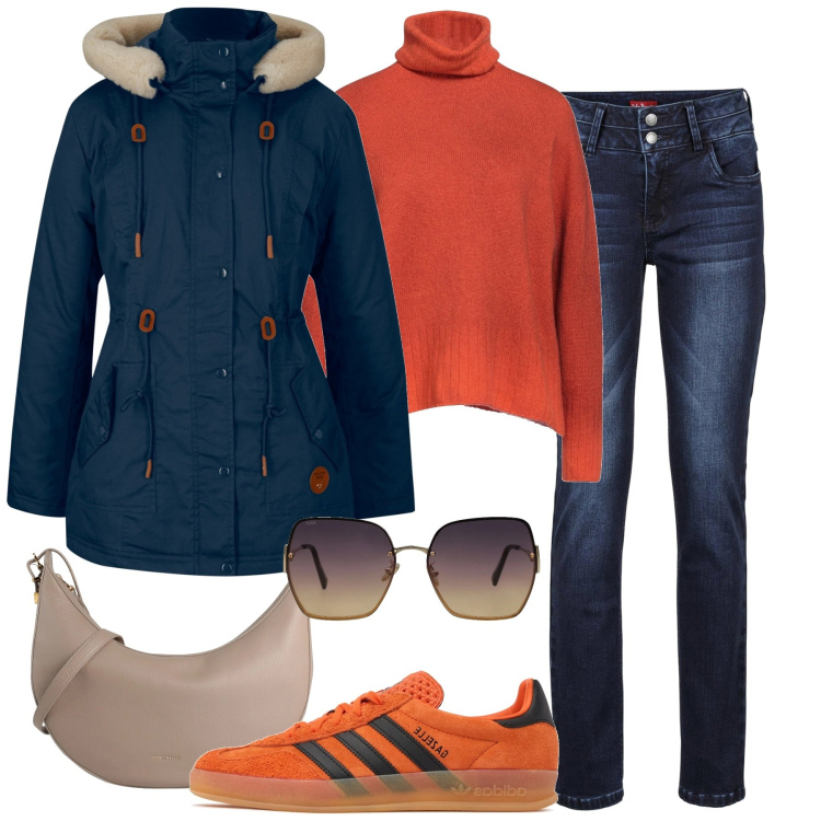 Outfit donna - City. Stile Urban per Tutti i giorni. Abbinamento con jeans, parka, maglieria, borse a tracolla, occhiali da sole, sneakers.