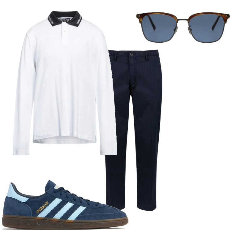 Outfit uomo - Una giornata meravigliosa. Stile Casual per Tutti i giorni. Abbinamento con occhiali da sole, polo, pantaloni, sneakers.