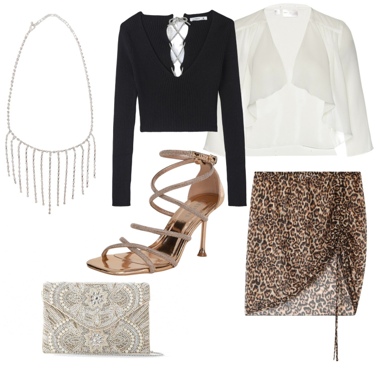 Outfit donna - Spacchi e trasparenze. Stile Sexy per Serata fuori. Abbinamento con pochette, blazer, sandali col tacco, maglieria, minigonne, collane.
