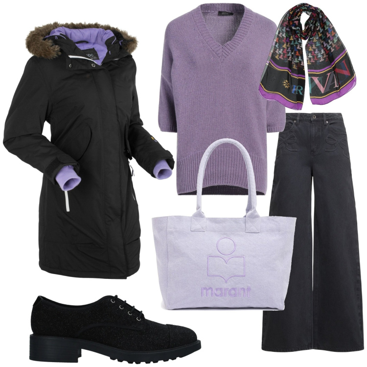 Outfit donna - Total look #2049459. Stile Casual per Tutti i giorni. Abbinamento con blazer, scarpe stringate, sciarpe, pullovers, shopping bag, jeans.