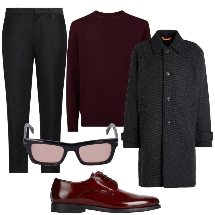 Outfit uomo - Direzione ufficio. Stile Business/Elegante per Ufficio. Abbinamento con scarpe stringate, pantaloni, cappotti, maglieria, occhiali da sole.