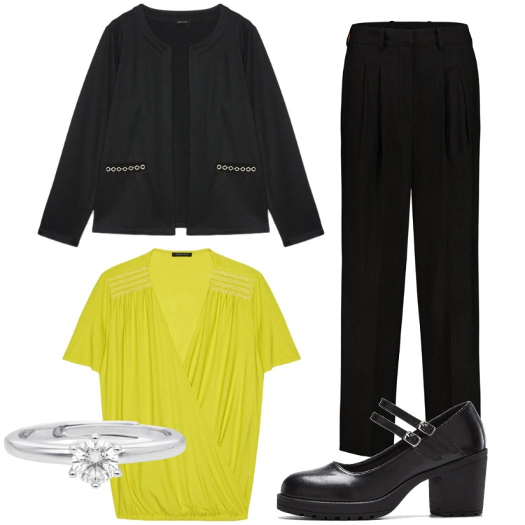 Outfit donna - Giallo zafferano. Stile Bon Ton per Serata fuori. Abbinamento con décolleté, blazer, t-shirt, anelli, pantaloni.