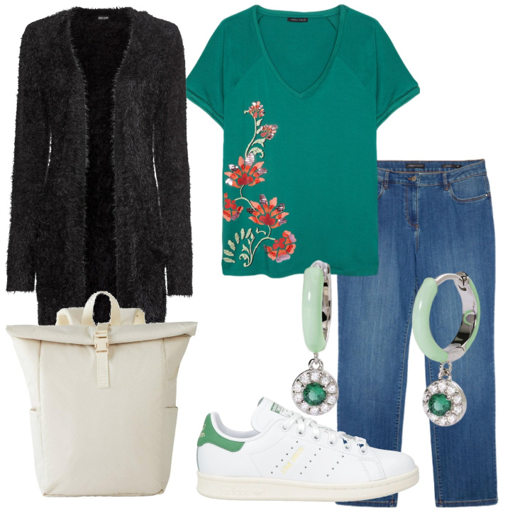 Outfit donna - Green. Stile Casual per Tutti i giorni. Abbinamento con cardigans, zaini, sneakers, orecchini, t-shirt, jeans dritti.
