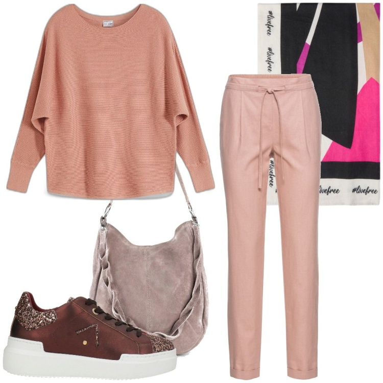 Outfit donna - Casual tono su tono. Stile Casual per Ufficio. Abbinamento con pantaloni, maglieria, borse a mano, sneakers, sciarpe.