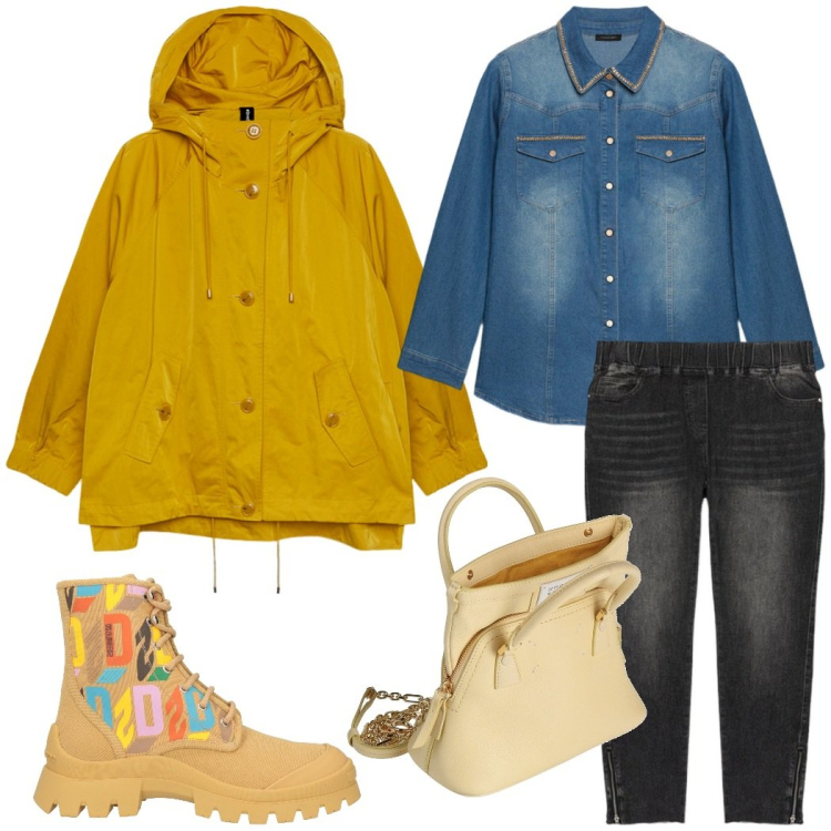 Outfit donna - Giornata uggiosa. Stile Casual per Tutti i giorni. Abbinamento con anfibi, borse a mano, camicie, blazer, jeggings.