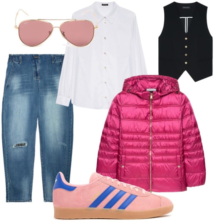 Outfit donna - Camicia e gilet. Stile Casual chic per Ufficio. Abbinamento con piumini, gilet, jeans dritti, sneakers, camicie, occhiali da sole.