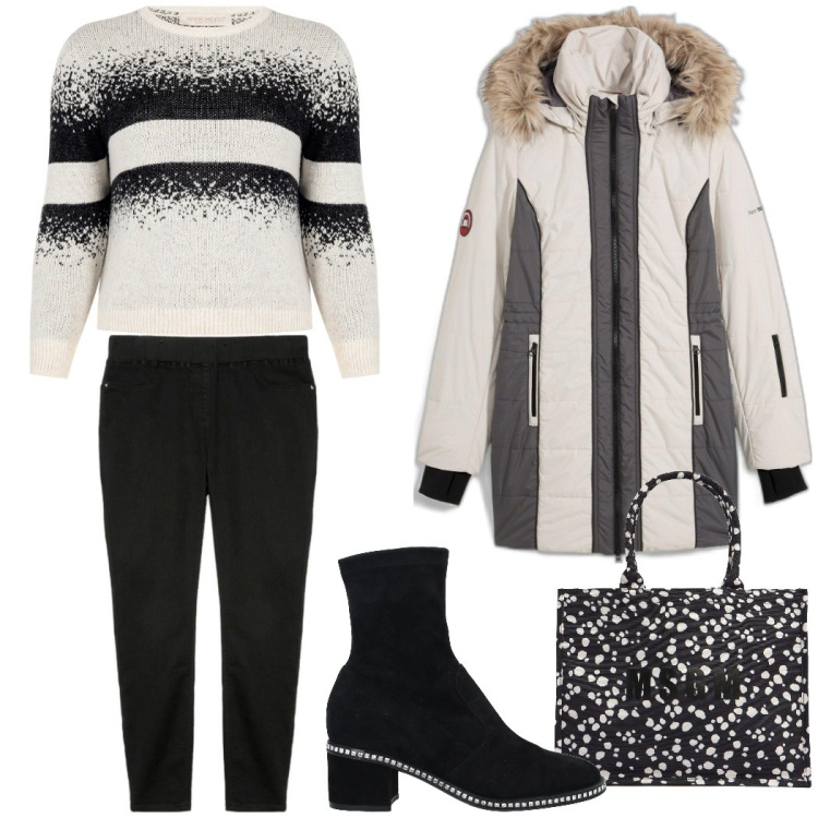 Outfit donna - Contro freddo e pioggia. Stile Urban per Tutti i giorni. Abbinamento con piumini, stivaletti, maglieria, jeggings, shopping bag.