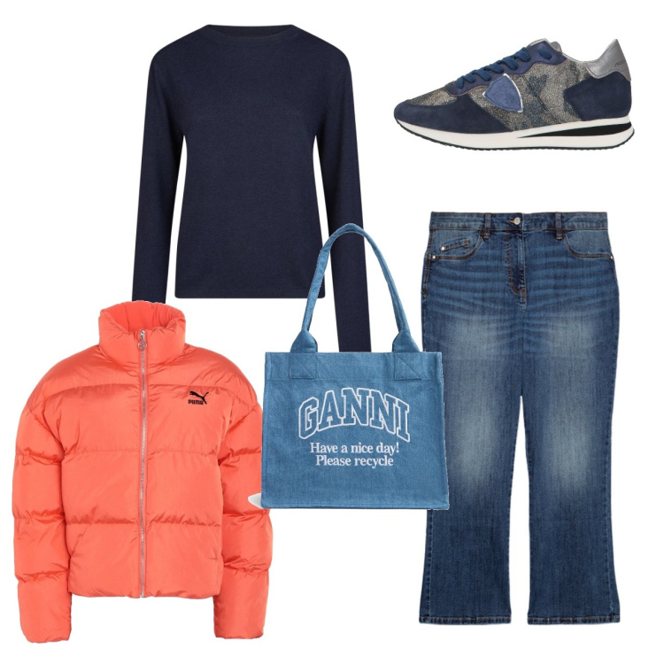Outfit donna - City. Stile Casual per Tutti i giorni. Abbinamento con piumini, sneakers, jeans, shopping bag, maglieria.