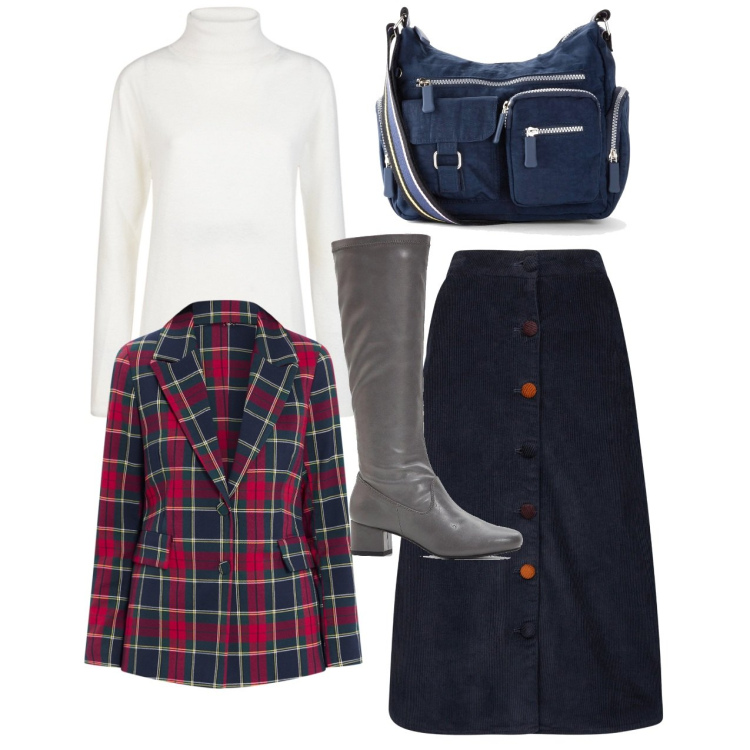 Outfit donna - Vive la France. Stile Preppy per Ufficio. Abbinamento con borse a tracolla, stivali, blazer, gonne longuette, maglieria.