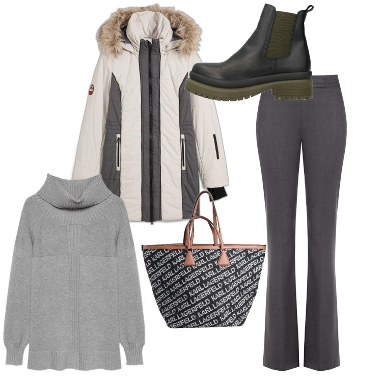 Outfit donna - Il freddo di febbraio. Stile Casual per Tutti i giorni. Abbinamento con piumini, stivaletti, borse a mano, pantaloni, maglieria.