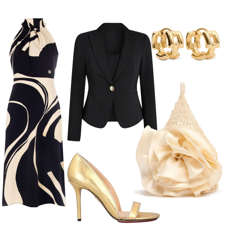 Outfit donna - Oro e stampa optical. Stile Basic per Serata fuori. Abbinamento con décolleté, blazer, vestiti midi/longuette, borse a mano, orecchini.