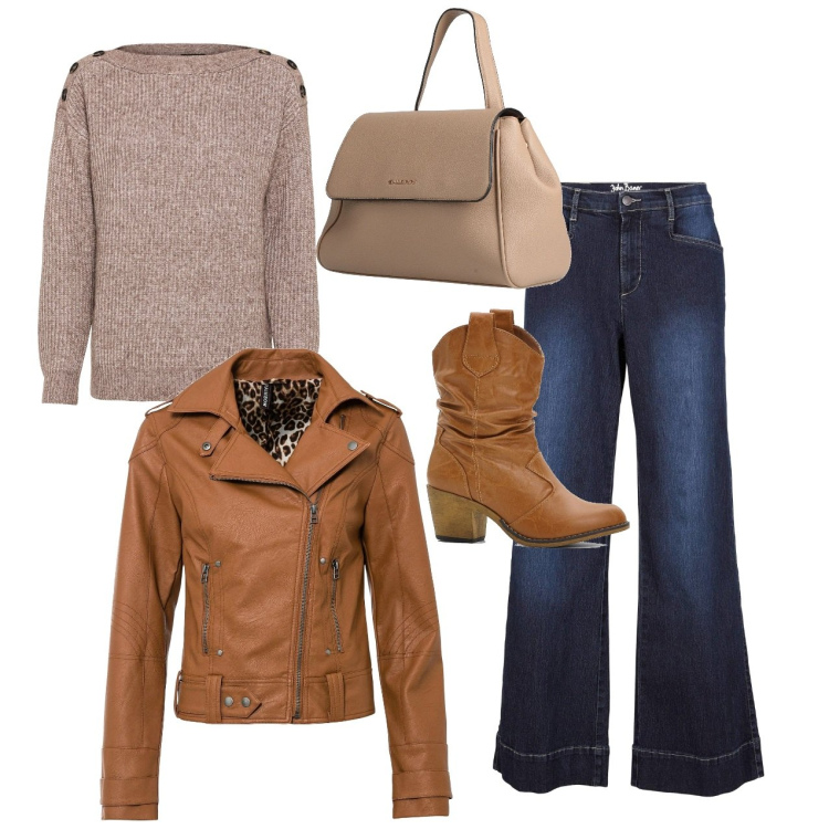 Outfit donna - Biscotto. Stile Casual chic per Tutti i giorni. Abbinamento con jeans, maglieria, stivaletti texani, blazer, zaini.