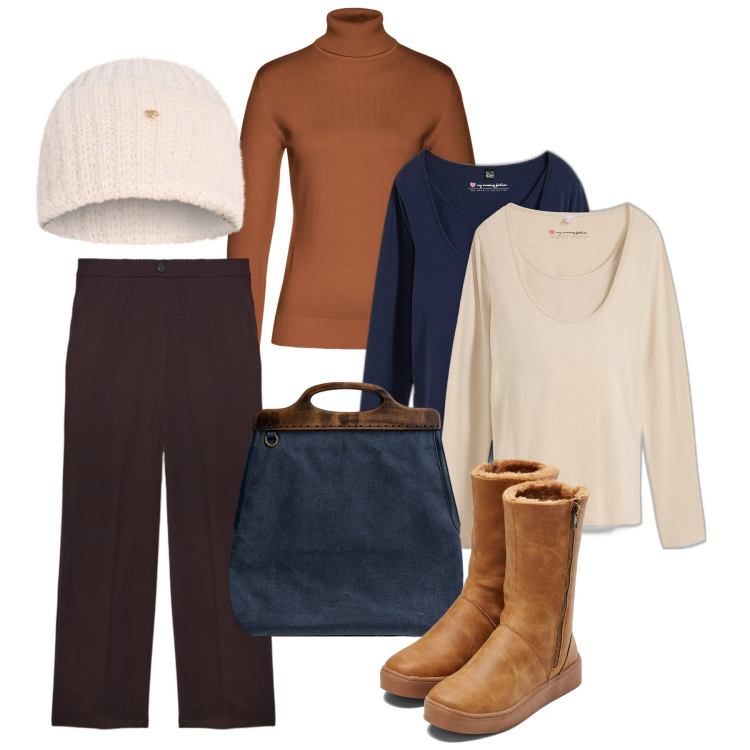 Outfit donna - Il lupetto curcuma. Stile Bon Ton per Tutti i giorni. Abbinamento con stivali, maglieria, maglieria, berretti, borse a tracolla, pantaloni.