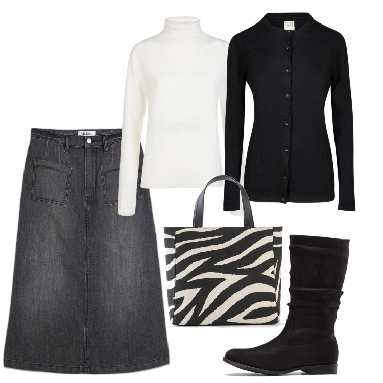 Outfit donna - Borsa zebrata. Stile Casual chic per Ufficio. Abbinamento con gonne longuette, borse a mano, stivali, cardigans, maglieria.