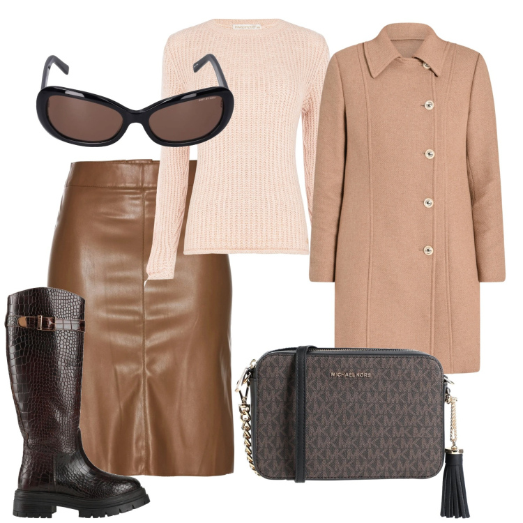 Outfit donna - Caramellosa. Stile Chic per Tutti i giorni. Abbinamento con gonne longuette, borse a tracolla, stivali, maglieria, cappotti, occhiali da sole.