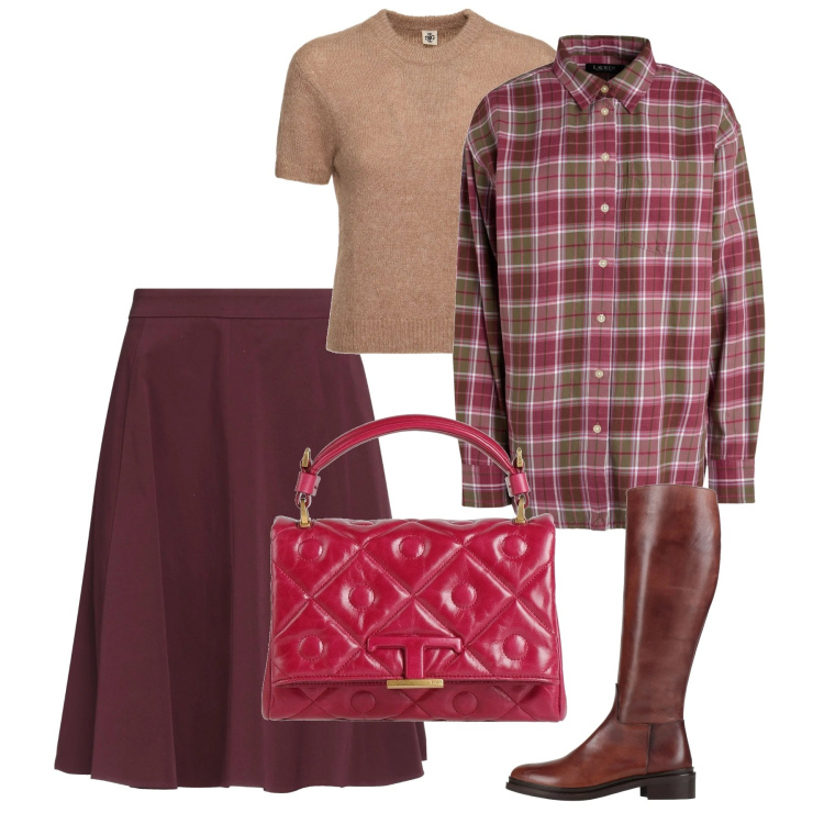 Outfit donna - Magenta. Stile Bon Ton per Tutti i giorni. Abbinamento con stivali, camicie, borse a mano, gonne longuette, top.