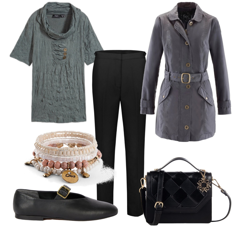 Outfit donna - Total look. Stile Basic per Tutti i giorni. Abbinamento con braccialetti, maglieria, trench, borse a tracolla, pantaloni, ballerine.