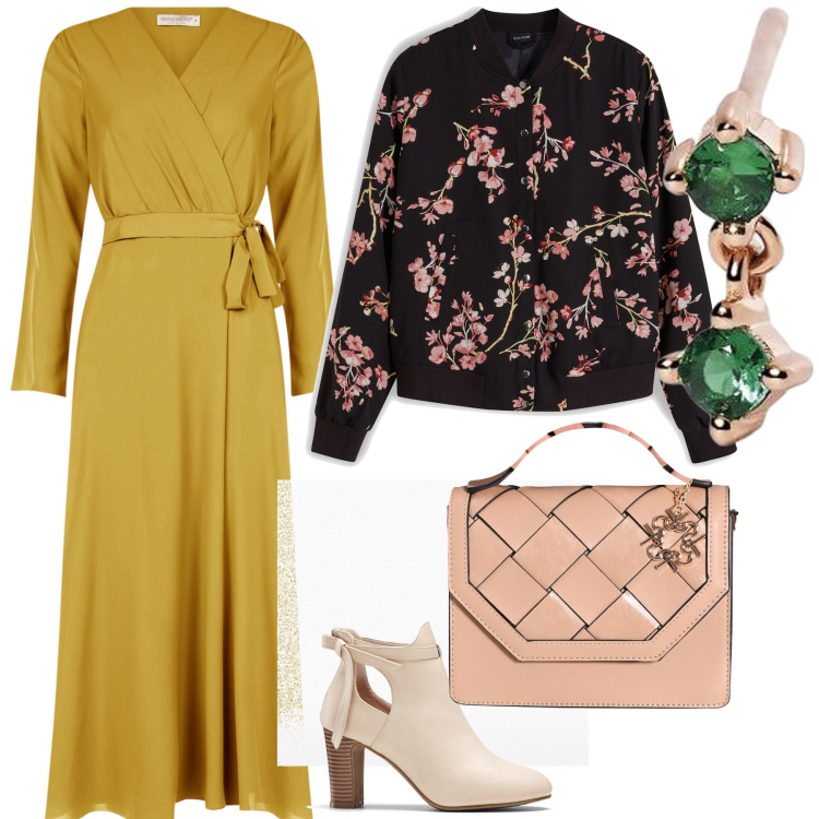 Outfit donna - Mix di colori per la cena fuori. Stile Trendy per Serata fuori. Abbinamento con bomber, stivaletti, orecchini, vestiti chemisier, borse a mano.